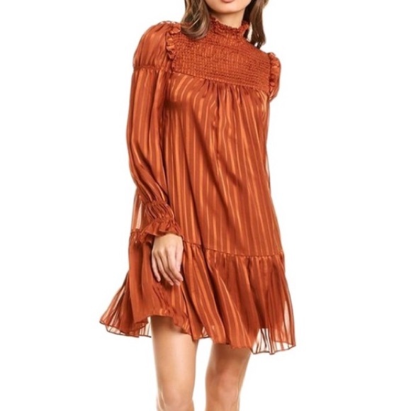 Taylor Dresses Stripe Smocked Yoke Mock Neck Woven Drop Waist Dress - Picture 1 of 1